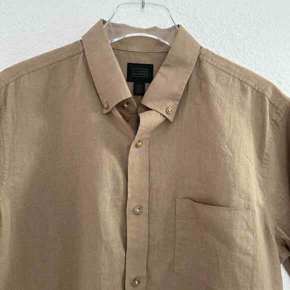 14th Union  Button Up Shirt Men Large Tan Short Sleeve Linen Cotton Blend Casual - Picture 3 of 7